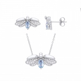 925 Sterling Silver Rhodium Plated Colourless & Aqua Cubic Zirconia Earring & Pendant Set