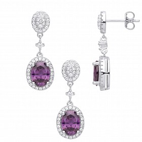 Silver CZ & Amethyst Drop Earring & Pendant Set