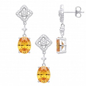 Silver CZ & Citrine Drop Earring & Pendant Set