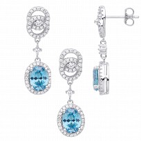 Silver CZ & Aqua Fancy Drop Earring & Pendant Set