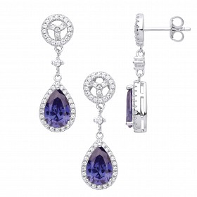 Silver CZ & Sapphire Drop Earring & Pendant Set