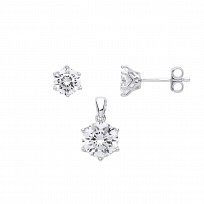 Silver CZ Single Stone Stud Earring & Pendant Set