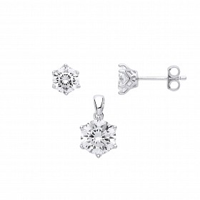 Silver CZ Single Stone Stud Earring & Pendant Set