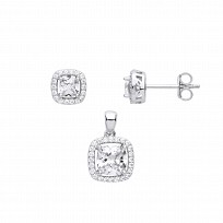 Silver CZ & Square Stud Earring & Pendant Set