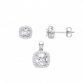 Silver CZ & Square Stud Earring & Pendant Set