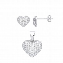 Silver CZ Pave Set Heart Earring &  Pendant Set