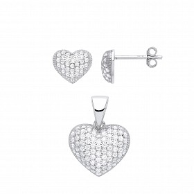 Silver CZ Pave Set Heart Earring &  Pendant Set