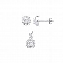 Silver CZ Cushion Cut Stud Earring & Pendant Set