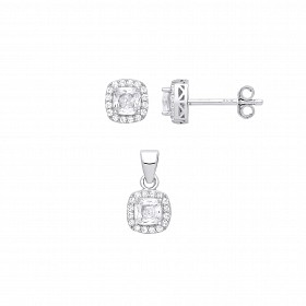 Silver CZ Cushion Cut Stud Earring & Pendant Set