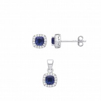 Silver CZ & Sapphire Cushion Cut Stud Earring & Pendant Set