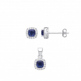 Silver CZ & Sapphire Cushion Cut Stud Earring & Pendant Set