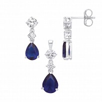 Silver CZ & Sapphire Fancy Tear Drop Earring & Pendant Set