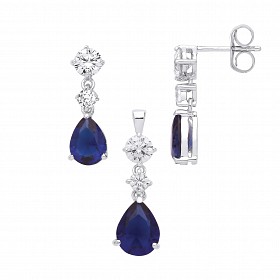 Silver CZ & Sapphire Fancy Tear Drop Earring & Pendant Set