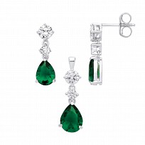 Silver CZ & Emerald Fancy Tear Drop Earring & Pendant Set