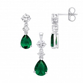 Silver CZ & Emerald Fancy Tear Drop Earring & Pendant Set