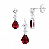 Silver CZ & Ruby Fancy Tear Drop Earring & Pendant Set