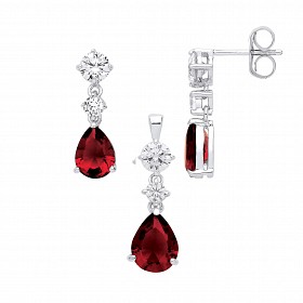 Silver CZ & Ruby Fancy Tear Drop Earring & Pendant Set