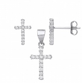 Silver CZ Cross Earring & Pendant Set