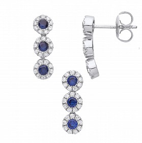 Silver Triple CZ & Sapphire Drop Earring & Pendant Set