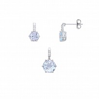 Silver Round CZ & Sky Blue Topaz Earring & Pendant Set