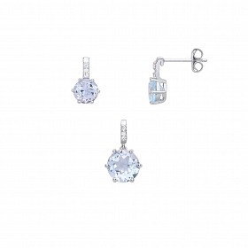 Silver Round CZ & Sky Blue Topaz Earring & Pendant Set