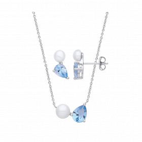 Silver Pearl & Sky Blue Nano Earring & Pendant Necklace Set