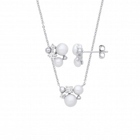 Silver CZ & Pearl Earring & Pendant Necklace Set