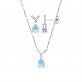Silver CZ & Light Aquamarine CZ Earring & Pendant Set