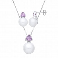 Silver Pearl & CZ Amethyst Earring & Pendant Necklace