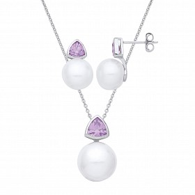 Silver Pearl & CZ Amethyst Earring & Pendant Necklace