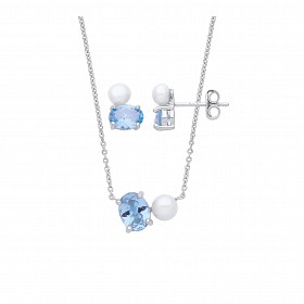 Silver Pearl & Sky Blue Nano Earring & Pendant Necklace Set