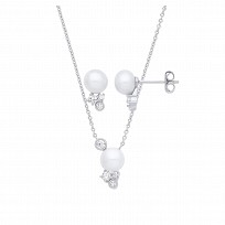 Silver Freshwater Pearl & CZ Earring & Pendant Necklace Set