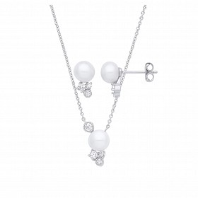 Silver Freshwater Pearl & CZ Earring & Pendant Necklace Set