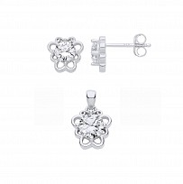 Silver CZ Flower Stud & Pendant Set
