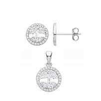 Silver CZ Tree Of Life Stud Earrings & Pendant Set
