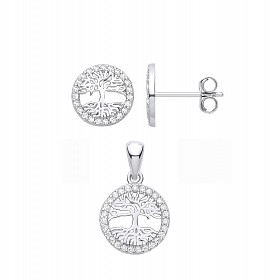 Silver CZ Tree Of Life Stud Earrings & Pendant Set