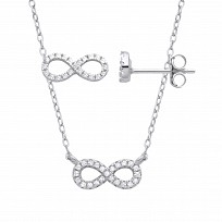 Silver CZ Infinity Stud Earrings & Pendant Necklace Set
