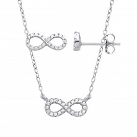 Silver CZ Infinity Stud Earrings & Pendant Necklace Set
