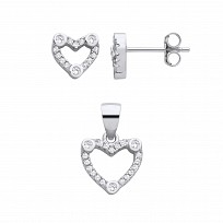 Silver CZ Heart Stud Earrings & Pendant Set