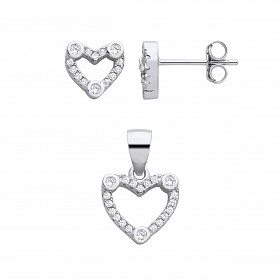 Silver CZ Heart Stud Earrings & Pendant Set