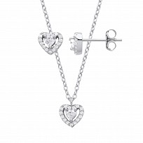 Silver CZ Heart Stud Earrings & Pendant Necklace Set