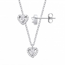 Silver CZ Heart Stud Earrings & Pendant Necklace Set