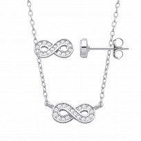 Silver CZ Infinity Stud Earrings & Pendant Necklace Set