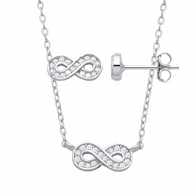 Silver CZ Infinity Stud Earrings & Pendant Necklace Set