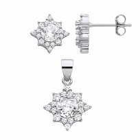 Silver CZ Cluster Flower Stud Earrings & Pendant Set