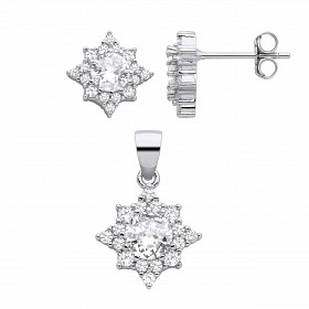 Silver CZ Cluster Flower Stud Earrings & Pendant Set