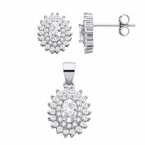 Silver CZ Oval Cluster Stud Earrings & Pendant Necklace Set