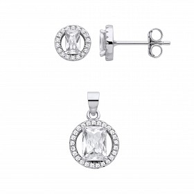 Silver CZ Fancy Stud Earrings & Pendant Set
