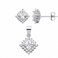 Silver CZ Square Stud Earrings & Pendant Set