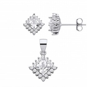 Silver CZ Square Stud Earrings & Pendant Set